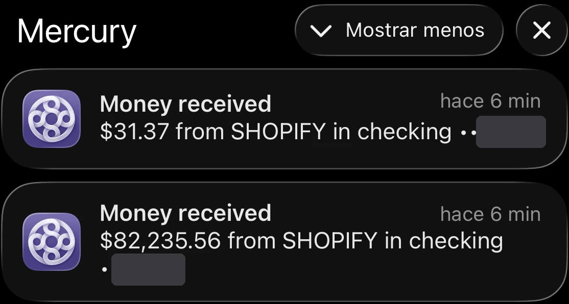Notificaciones bancarias de pagos recibidos desde Shopify